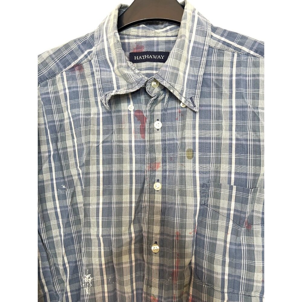 Halloween Costume Men’s Zombie Shirt Blue White Plaid L Vtg ‘“Blood” Long Sleeve